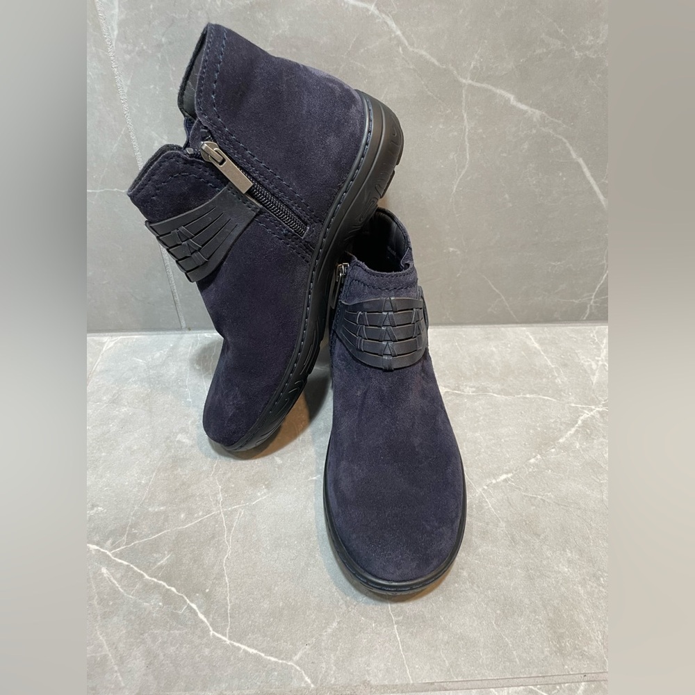 Earth Suede Synal Ankle Bootie in Navy with Fringe Accent